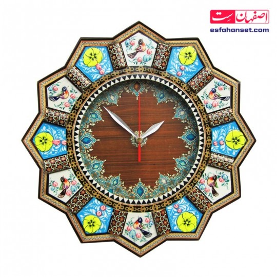 ساعت صنایع دستی خاتم کاری نقاشی گل و مرغ اندازه 36 سانتیمتر ساعت دیواری خاتم کاری