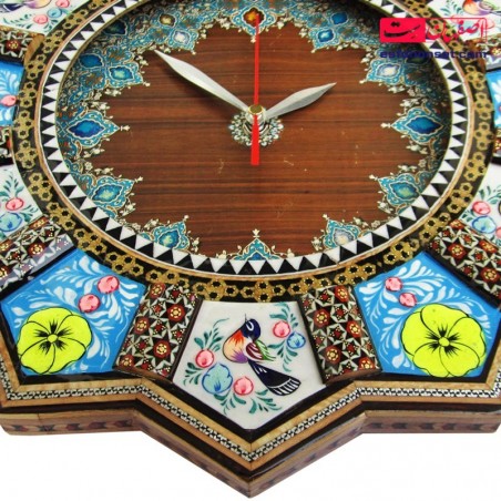 ساعت صنایع دستی خاتم کاری نقاشی گل و مرغ اندازه 37 سانتیمتر ساعت دیواری خاتم کاری