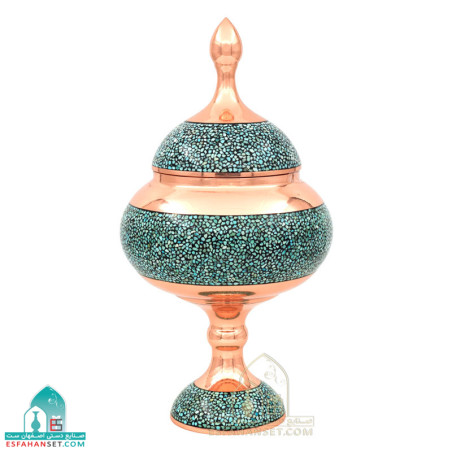 شکلات خوری فیروزه کوبی مسی درب دار با جعبه کادویی مخمل
