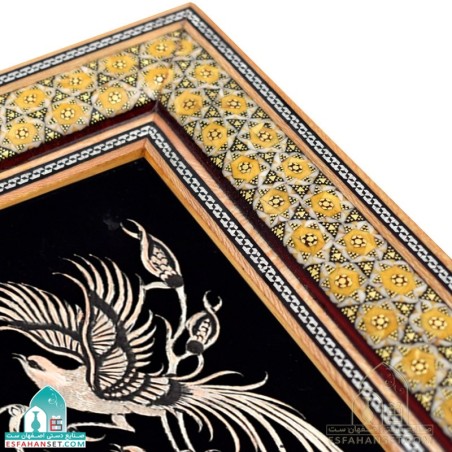 تابلو قلمزنی مسی کوچک طرح گل و مرغ با قاب خاتم کاری