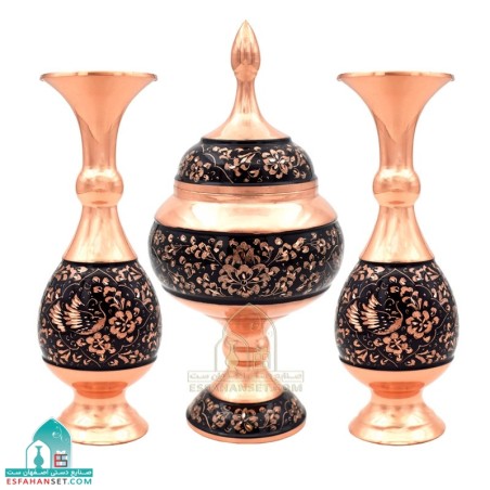 خرید ست مسی گل و مرغ سه تکه | گلدان و شکلات‌خوری الماس تراش