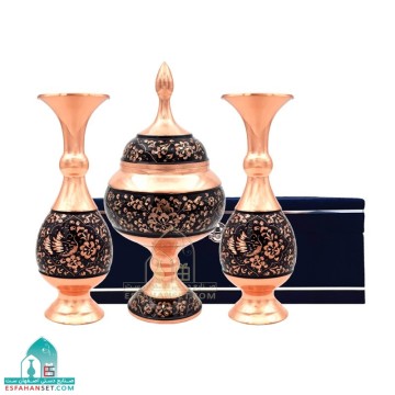 خرید ست مسی گل و مرغ سه تکه | گلدان و شکلات‌خوری الماس تراش
