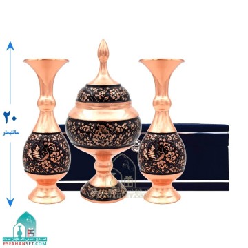 ست سه‌تکه مسی گل و مرغ الماس تراش