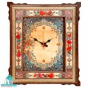ساعت دیواری چوبی خاتم کاری طرح نقاشی گل و مرغ اندازه 60×50 سانتیمتر ساعت دیواری خاتم کاری